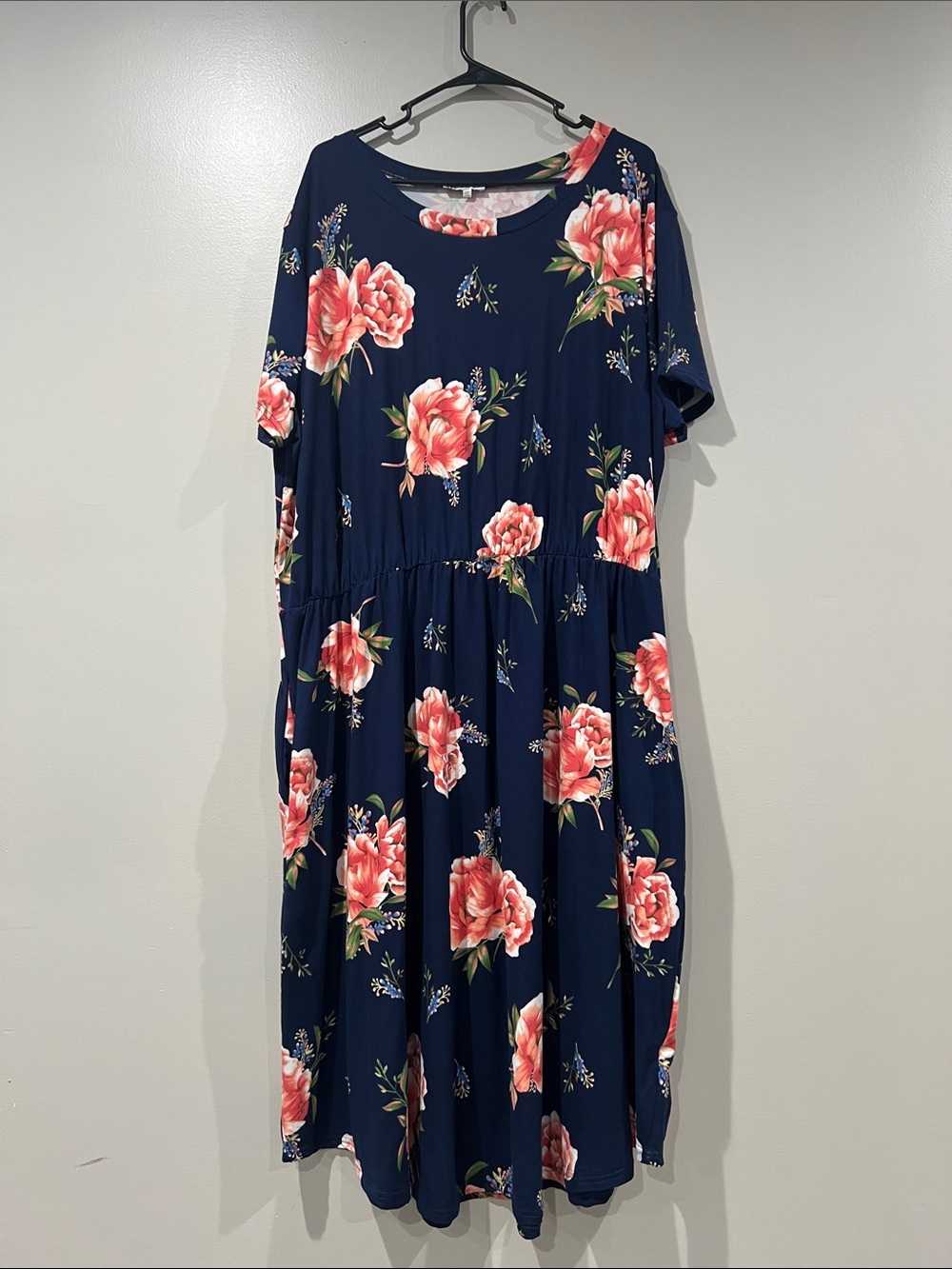 Women’s Navy Floral Midi Dress with Pink Roses